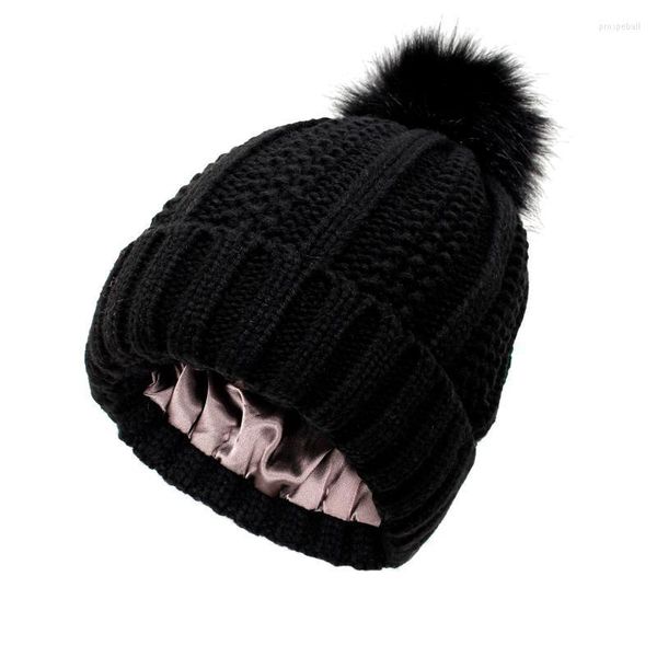 Gorro/crânio tampa de peles pom gorro chapé as femininos de malha de malha de malha quente tampa de cor pura colorida para mulheres pros22