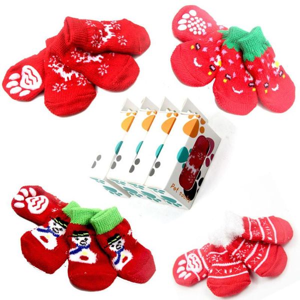 Hundekleidung 4pcs/Set Weihnachten Haustier Socken Herbst Winter Anti-Rutsch-Schlupf-Kleine Hunde Schuhe Dicker warmer Beschützer Süßes Welpe Katze Innenräume Kleidung Bootdog Do Do