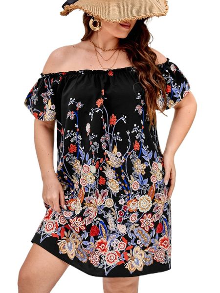 

plus floral print off shoulder frill trim dress 52qr#, Black