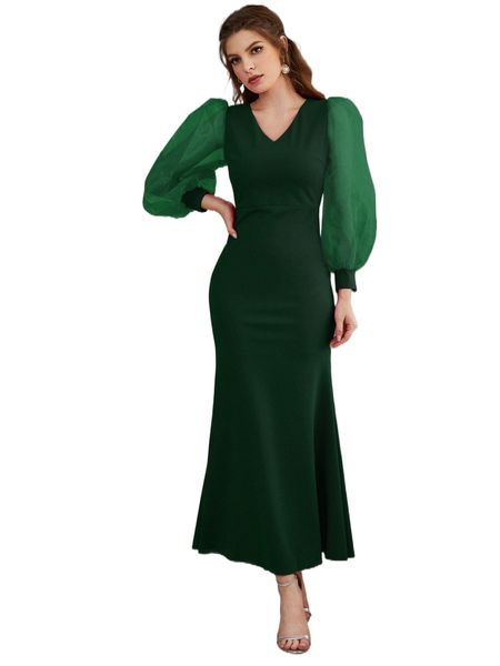 

contrast sheer mesh lantern sleeve dress i5ar#, Black;gray