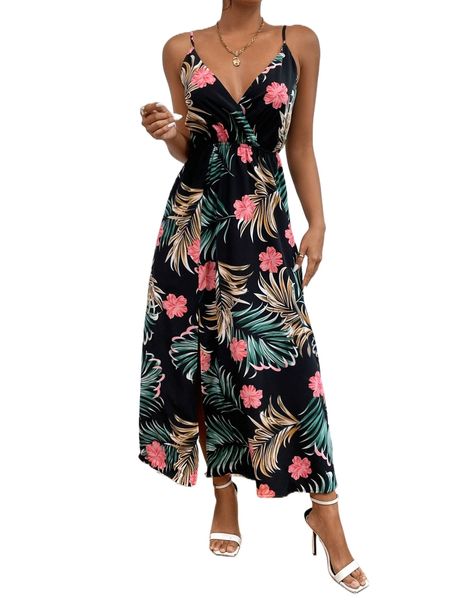 

tropical print cami dress h37w#, Black;gray