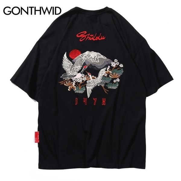 

gonthwid embroidery japanese ukiyo-e crane flowers mount fuji tee shirts streetwear harajuku casual hip hop tshirts men male 220420, White;black