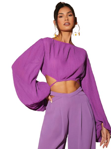 

lantern sleeve tie back crop blouse w7hq#, White