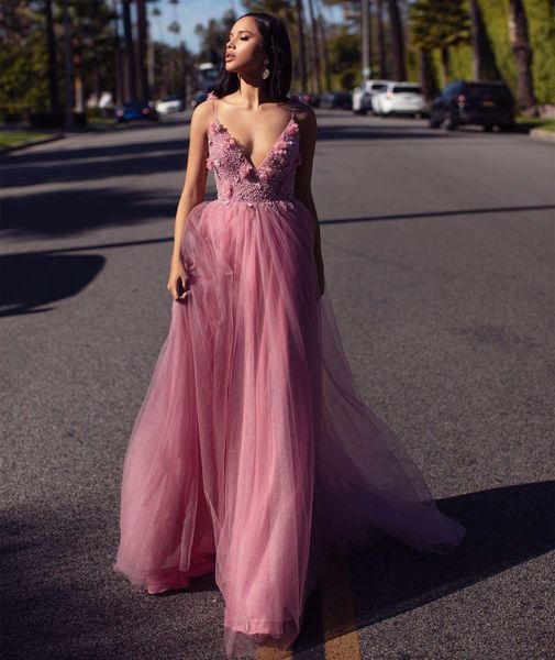 

new arrival 2022 a line tulle long prom dresses handmade beaded 3d-applique backless robe de soiree spaghetti v neck evening party gowns for, Black
