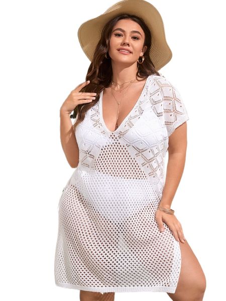 

plus hollow out split hem cover up without bikini v8j1#, Black