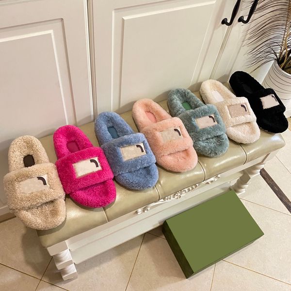 

casual shoes designer wool slides cozy slippers shearling sandals warm comfortable slipper fashion lady shoe embroidered scuffs, Black