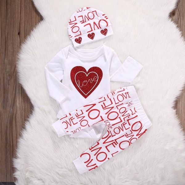 Kleidungssets Baby Mädchen 3 Stücke Geborene Säuglingsmädchen Kleidung Langarm Rotes Herz Tops Liebesbrief Drucken Hosen HutKleidungKleidung