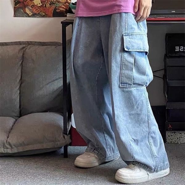 

houzhou baggy jeans trousers male denim pants black wide leg men's loose casual korean streetwear hip hop harajuku 220328, Blue
