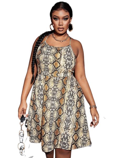 

sxy plus snakeskin print crisscross tie backless cami dress 84ob#, Black