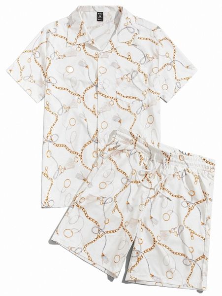 

romwe guys chain print shirt & drawstring shorts d8s3#, Gray