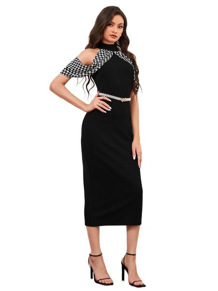 

contrast houndstooth cold shoulder dress 74uo#, Black;gray