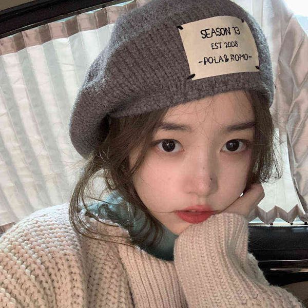 

in korean version beret hat patch letters knitted wool beret women hat female autumn winter wild painter hat net red tide j220722, Blue;gray
