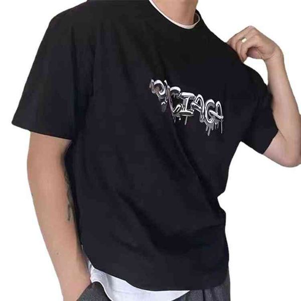 

spring and summer new + graffiti jelly melting letter printing round neck loose casual men's and women's short sleeve, White