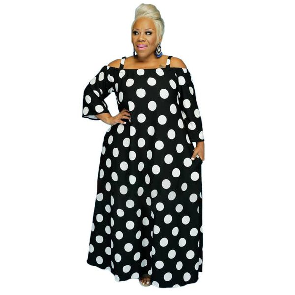 Plus Größe Kleider Herbst Dot Print Afrikanische Frauen Maxi Kleid Sexy Off Schulter Streetwear Schwarz Lange Große VestidosPlus