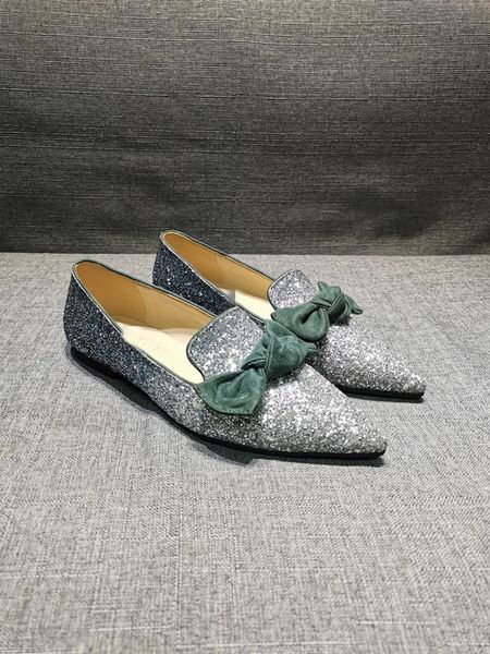 

fashion-women casual loafers flats sandal slipper slip on shoes dazzling coarse glitter leather with bows point-toe flat luxury design, Black