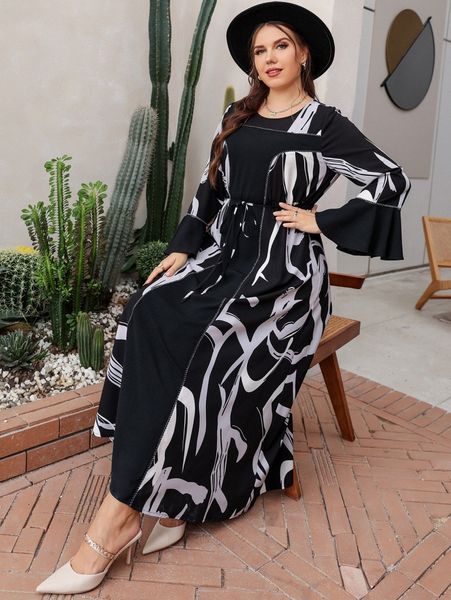 

plus graphic print flounce sleeve drawstring waist dress v1pw#, Black