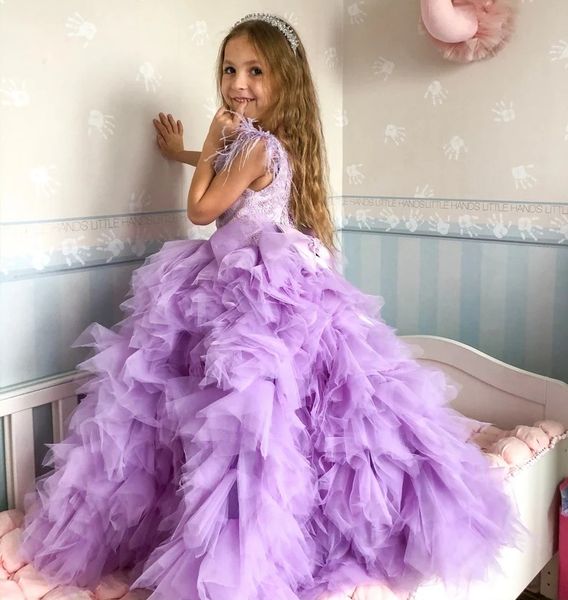 Schöne abgestufte Spitze Tüll Blumenmädchenkleider 2022 Schleifen Kinder Erstkommunion Kleid Rüschen Röcke Prinzessin Ballkleid Hochzeit Partykleid B0726