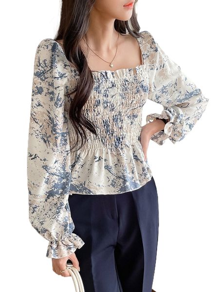 

dazy marble print shirred frill trim flounce sleeve blouse g8bw#, White