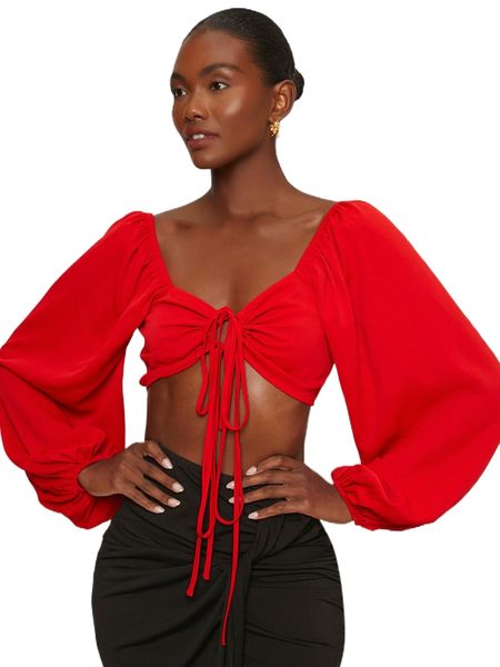 

knot front lantern sleeve crop f6j5#, White