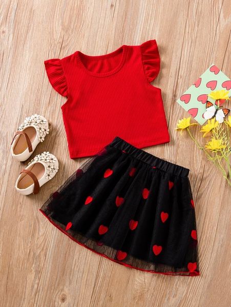 

toddler girls ruffle trim & heart mesh overlay skirt she01, White