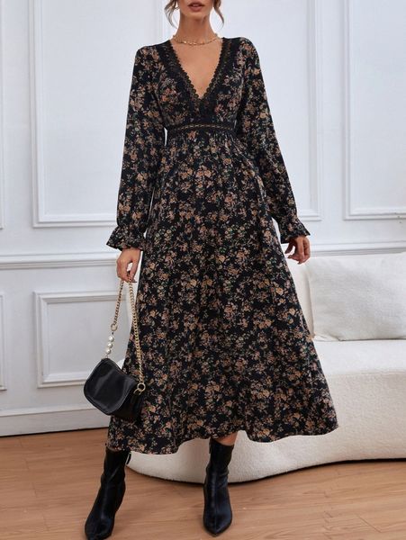 

floral print guipure lace insert flounce sleeve dress f9jc#, Black;gray