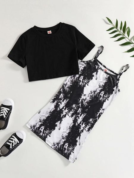 

girls solid tee & tie dye cami dress she, White