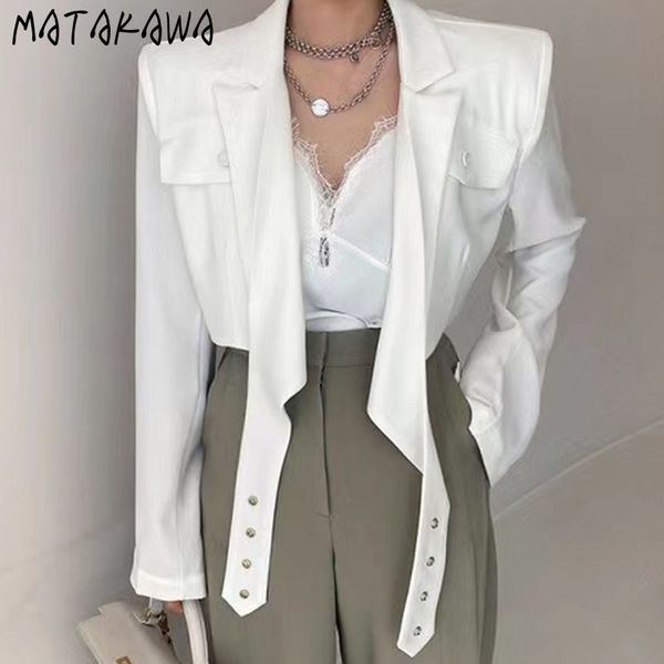 

cross streamer design slim crop blusas korea chic spring elegant lapel blouse women puff sleeve short shirt 210506, White