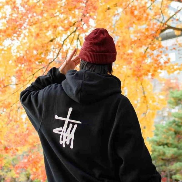 

high version designer hooded sweater tide brand stuy letter print zipper cardigan fashion hip-hop loose sweatshirt ins new cotton, Black