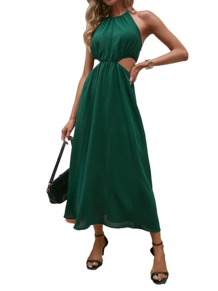 

solid cut out halter dress 83ae#, Black;gray