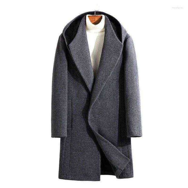 Erkek yünleri 2022men'in rüzgarlık kapüşonlu kapüşonlu yün orta uzunluk tarzı sonbahar ve kış gündelik moda gevşek büyük kaput ceketi Wintercoatme T220810