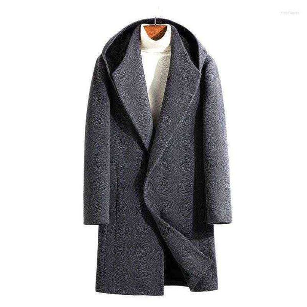 

men's wool & blends 2022men's windbreaker hooded woolen mid-length style autumn and winter casual fashion loose big hood jacket wi, Black