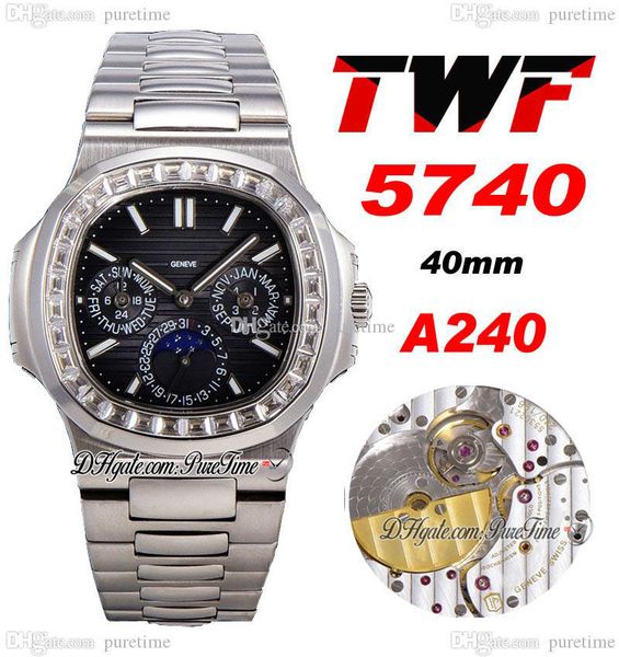 

twf 5740 perpetual calendar moon phase a240 automatic mens watch diamonds bezel gray textured dial stick marker stainless steel bracelet sup, Slivery;brown