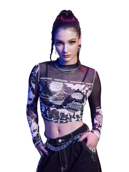 

romwe cyber luvr letter graphic mesh d8al#, White