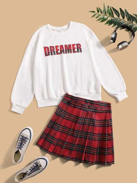

teen girls tartan letter graphic pullover & pleated skirt she, White