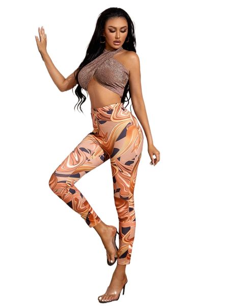 

sxy b.ackless glitter h.alter & allover print l.eggings 70ra#, White