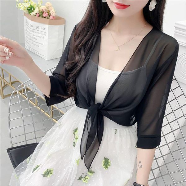 Chiffon sólido coreano transparente pescoço de protetor solar xale fêmea de verão feminino de ar condicionado cardigan colar coak silk lenf r13