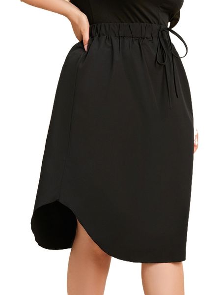 

plus tie waist curved hem straight skirt 35lj#, Black