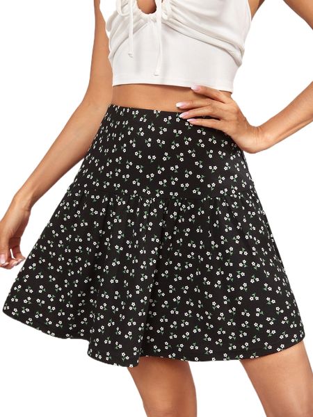 

high waist ditsy floral print ruffle hem skirt r532#, Black
