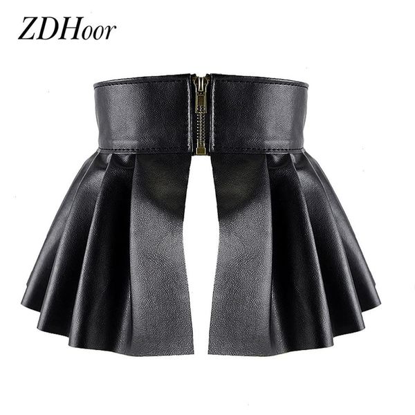 

women ladies fashion pu leather elastic wide waistband classic stretch pleated skirt peplum cinch belt a-line, Black;brown