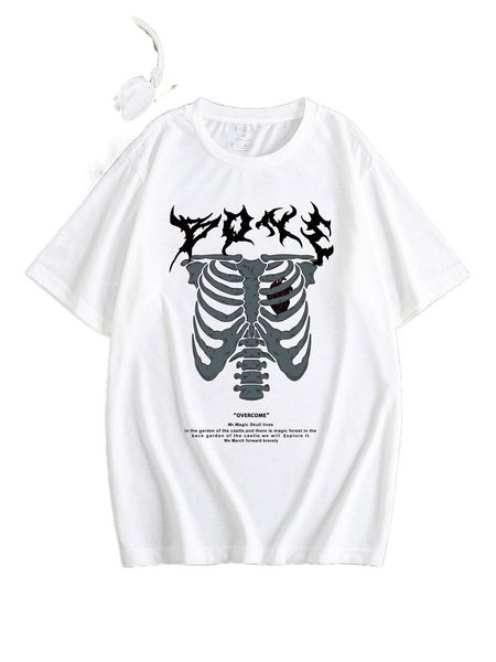 

men slogan & skeleton print tee u6og#, White;black
