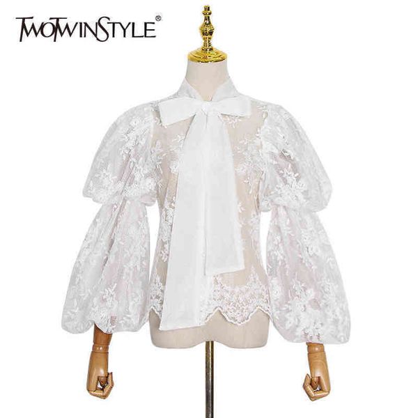 

white patchwork lace shirt for women bow collar lantern long sleeve see through blouse female fashion clothes 210423
