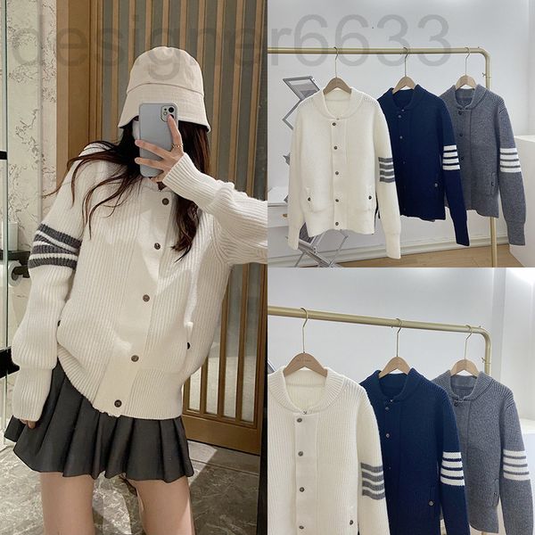 

women's knits & tees designer tb cardigan autumn men's and women's woolen thick needle stand collar four bar five button knit, White