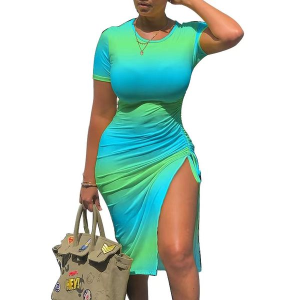 

casual dresses independence day dress women one short sleeve party club ladies printing split bodycon tie-dye dresses mini holiday, Black;gray