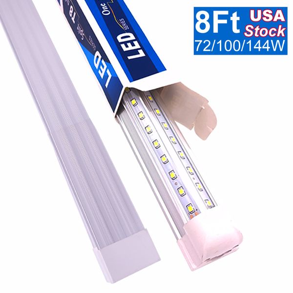 8FT LED Shop Lights Tube, EUA Estoque 8 pés 96 Em Freezer Door Freezer LEDs Tubos Fixture, 6 Row 144W, V Forma Fluorescente Clear Coberta Linkable Superfície Mount Light Oemled