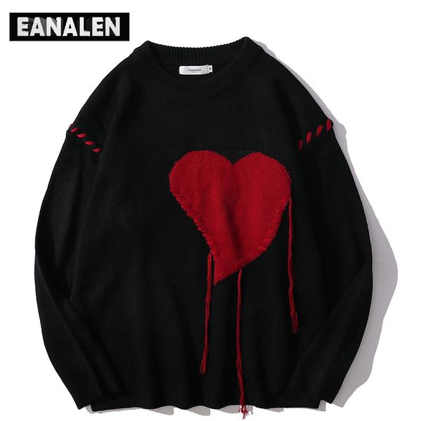 

harajuku love pattern knitted ugly sweater men letter punk rock black red gothic vintage grandpa sweater women cute pullover 220812, White;black