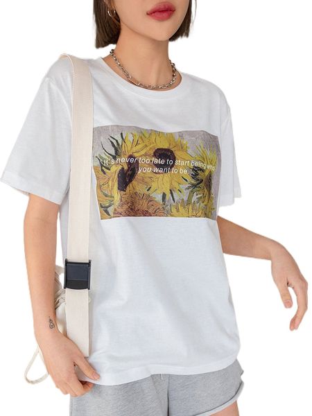 

dazy slogan & floral print tee 97up#, White