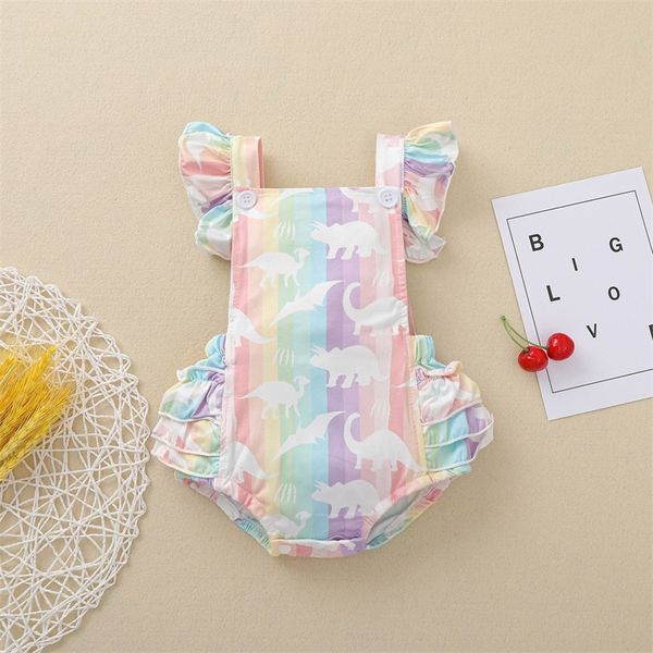 

citgeett summer infant baby girls sweet ruffles fly sleeve romper fashion dinosaur rainbow stripe backless jumpsuits clothes 220527, Blue