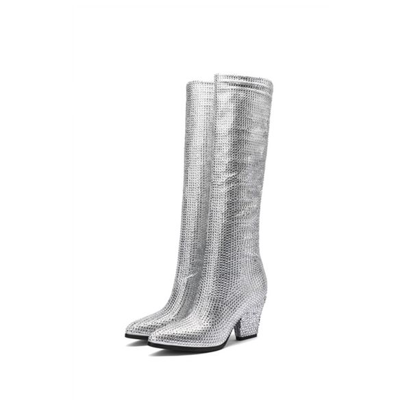 Sonbahar ve Kış Kadın Botları Avrupa Amerikan Moda Rhinestone Vamp Üstü Ayakkabılar Kalınlaştırılmış Yüksek topuklu sivri kollu botlar Gümüş Altın Büyük Boyut 45
