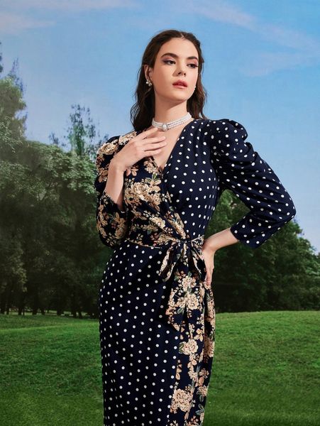 

gigot sleeve polka dot and floral print belted dress 13yg#, Black;gray