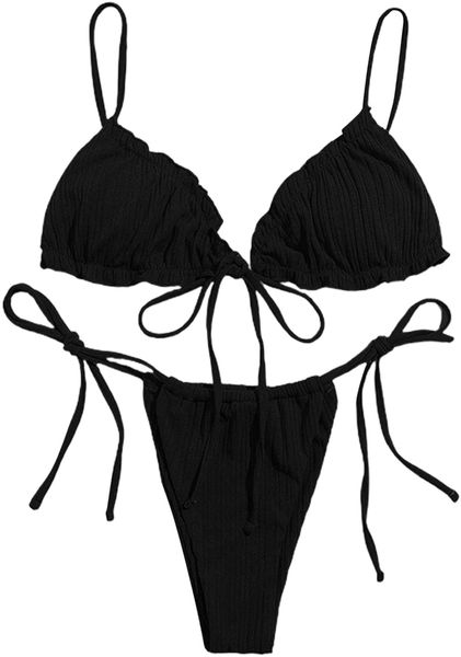 

women's string thong brazilian bikini swimsuit ribbed side tie 2 piece bathing suit 10nt#, White;black